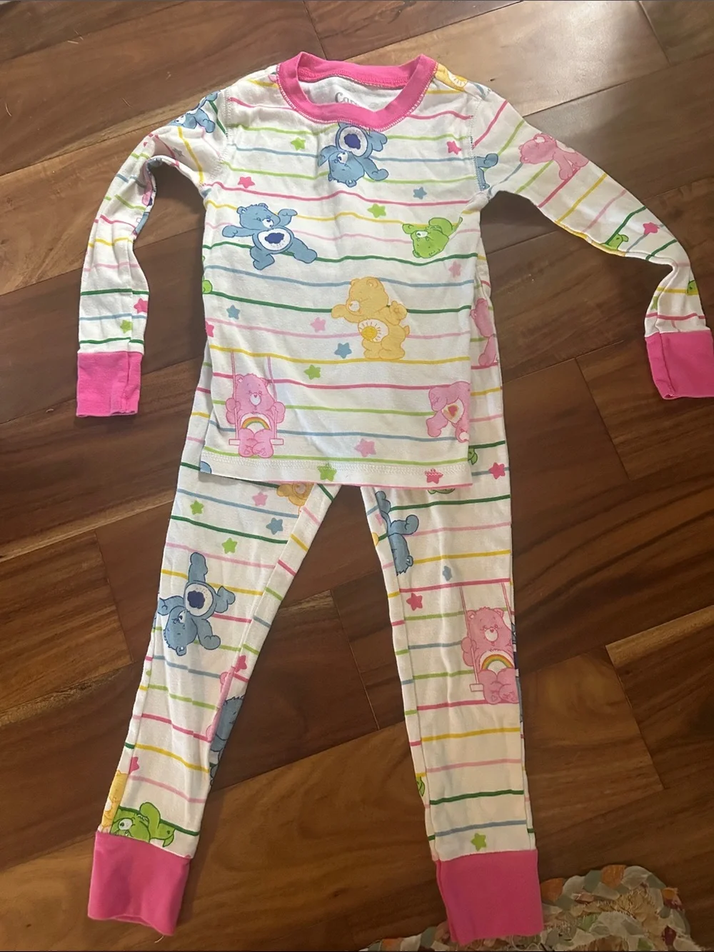 Girls Pink Trim Multicolor Bear Print Kids Pajama Set